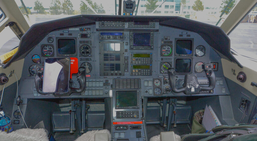 Cockpit controls of Colorado Division of Fire Prevention and Control's Pilatus PC-12 multi-mission fixed-wing aircraft outfitted with infrared and electro-optical sensors for early detection, real-time fire mapping and intelligence gathering.
