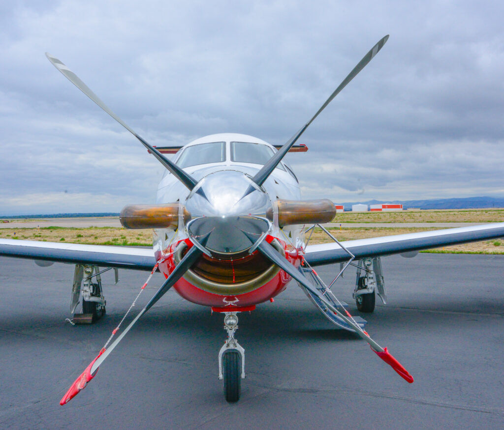 A state-owned Pilatus PC-12 wildfire surveillance aircraft at the Rocky Mountain Metropolitan Airport April 30, 2026 during a press event for the release of the state's 2026 Wildfire Preparedness Plan.