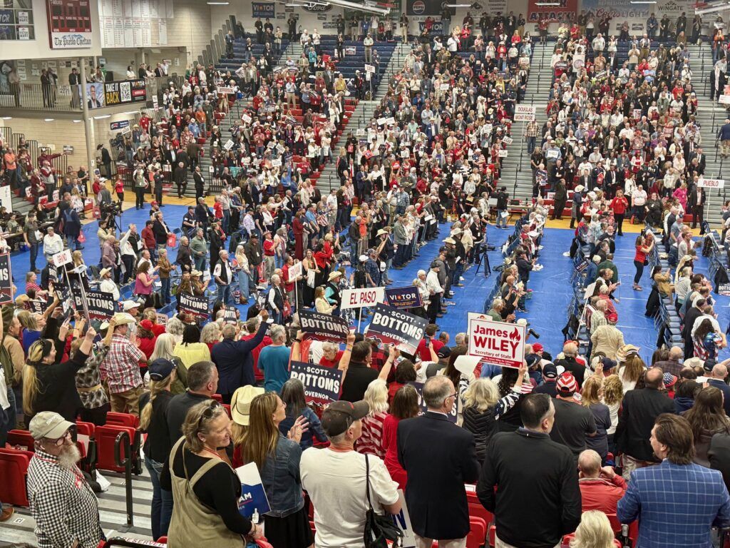 Delegates await the start of proceedings at the Colorado GOP's state assembly on Saturday, April 11, 2026, at Massari Arena on the Colorado State University Pueblo campus in Pueblo. (Ernest Luning/Colorado Politics)