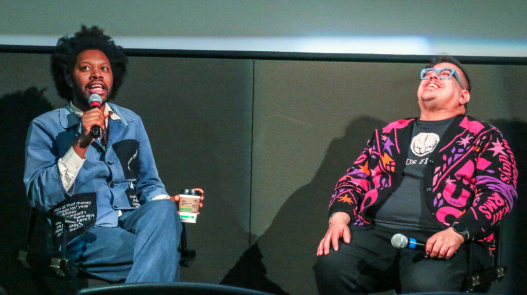'Erupcjaa' actor, co-producer and co-writer Jeremy O. Harris, also the author of 'Slave Play,' with Sie FilmCenter Artistic Director Keith Garcia on May 2 in Denver. (John Moore/The Denver Gazette)