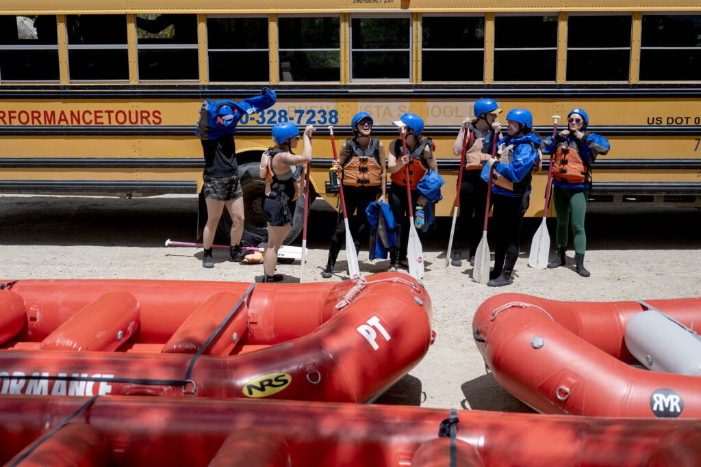 Rafting customers with Performance Tours wait to hit raft the Arkansas River from the Ruby Mountain boat launch south of Buena Vista in Nathrop on Saturday, May 29, 2026. (The Gazette, Michael G. Seamans)