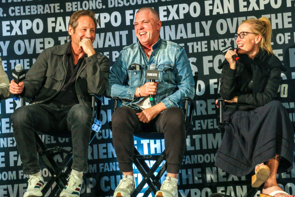 David Duchovny, Nicholas Lea and Gillian Anderson enjoy a rare moment of levity at a very tense 'X-Files' reunion at the Fan Expo Denver on May 30, 2026. (John Moore/Denver Gazette)