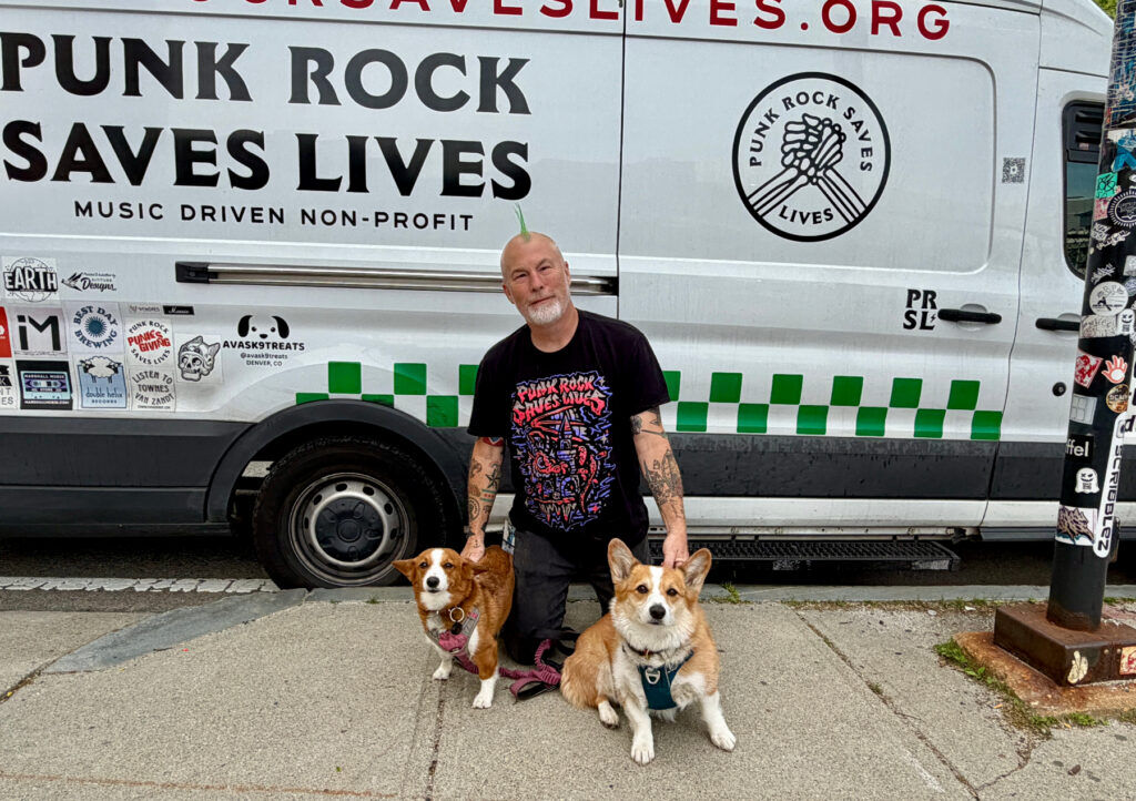 Punk Rock Saves Lives Founder Rob Rushing is on the road 300 days a year in his van with his two beloved Corgis, Walter and Thelma (Courtesy Punk Rock Saves Lives)