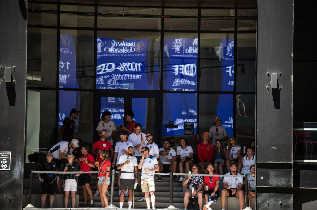Fans watch the England vs Croatia game in MacGregor Square on Wednesday, June 17, 2026.