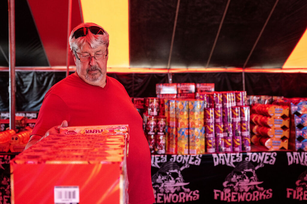 Mark Onsager shops for fireworks at Davey Jones Fireworks on University near C-470 on Wednesday, June 24, 2026.