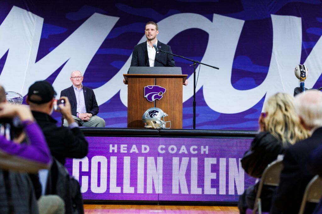 Kansas State coach Collin Klein speaks at an introductory press conference on Dec. 5, 2025 in Manhattan, Kan. (Courtesy of K-State Athletics)