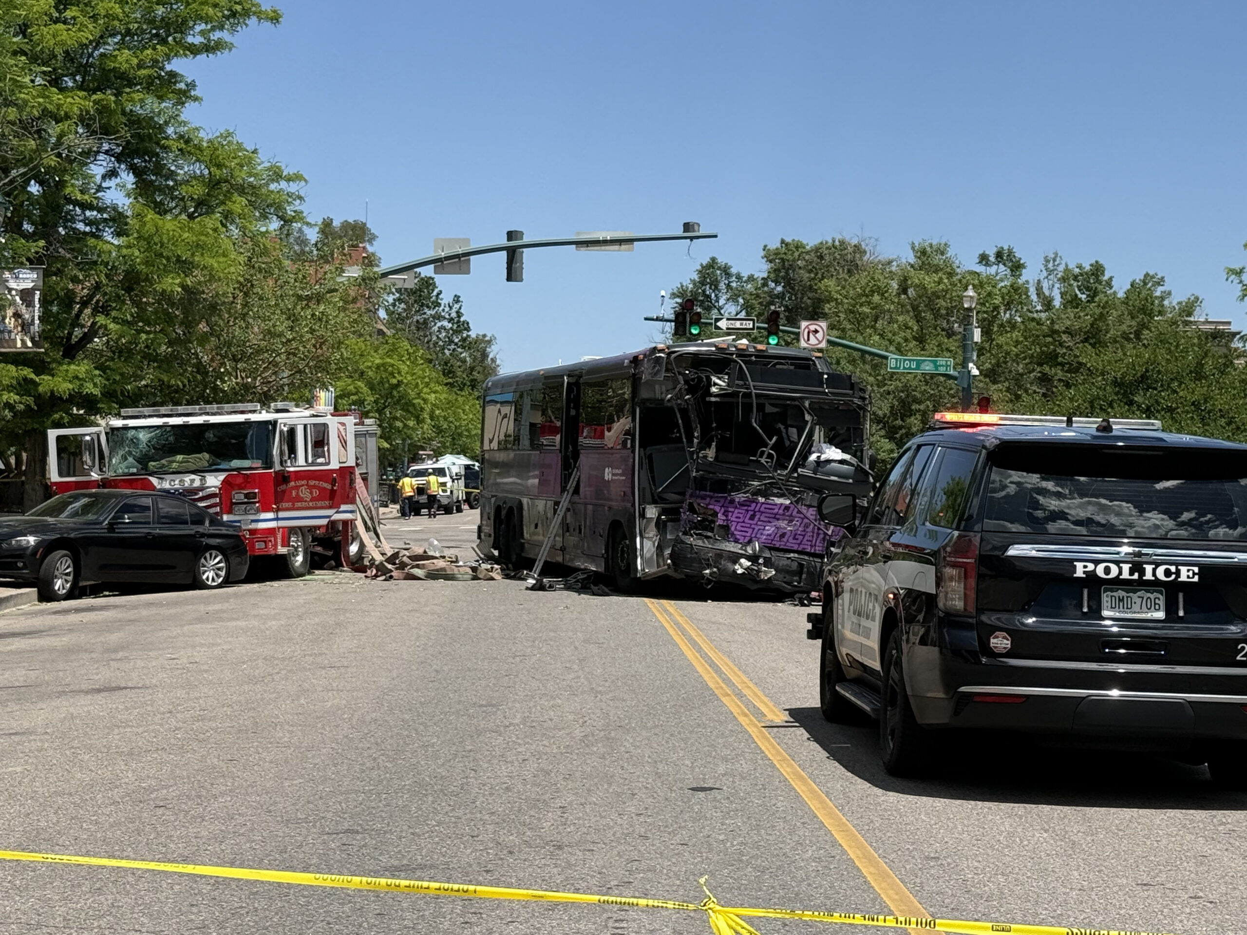 Colorado Springs fire engine, passenger bus collide downtown; 9 people taken to the hospital