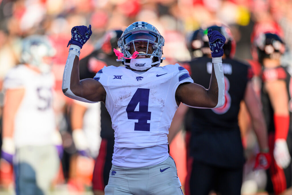 Kansas State running back Joe Jackson celebrates after scoring a touchdown during the first half of an NCAA college football game against Utah, Saturday, Nov. 22, 2025, in Salt Lake City. (AP Photo/Tyler Tate)