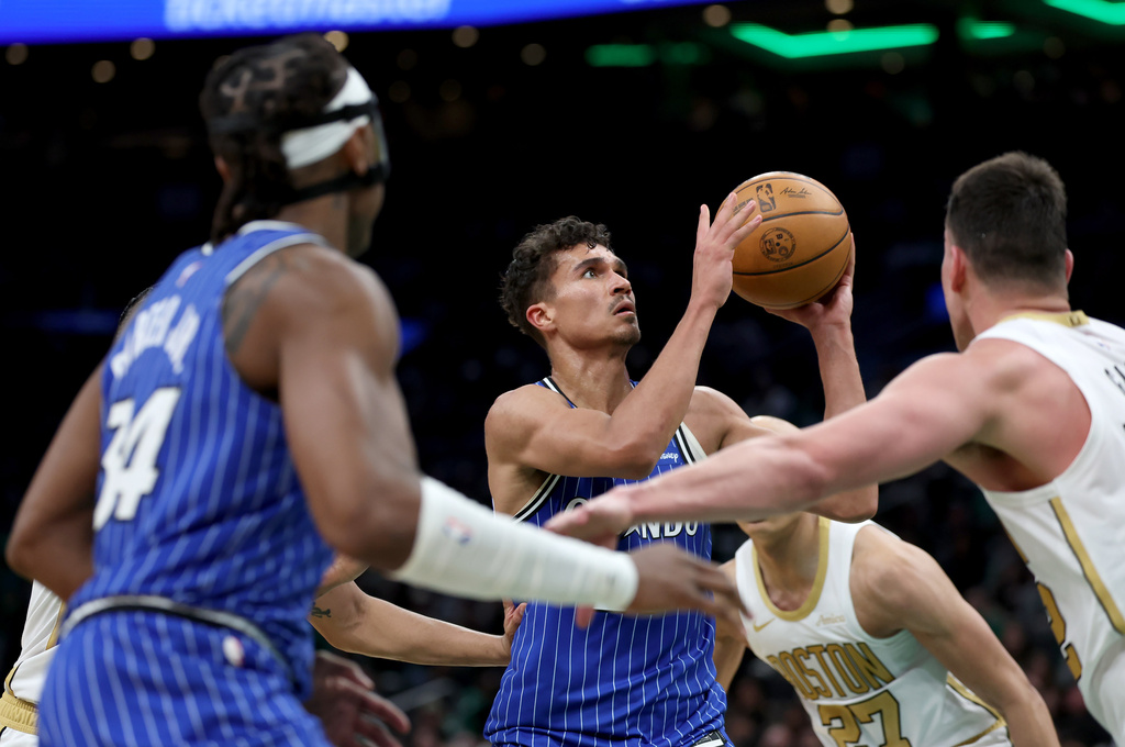 Orlando Magic forward Tristan da Silva (23) eyes the net during the second half of an NBA basketball game against the Boston Celtics, Sunday, April 12, 2026, in Boston. (AP Photo/Mark Stockwell)