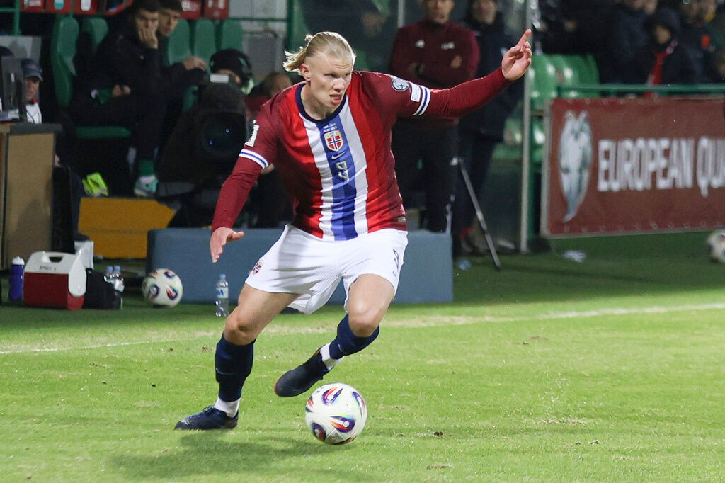FILE - Norway's Erling Haaland controls the ball during a Group I, World Cup qualifier soccer match between Moldova and Norway at the Zimbru stadium in Chisinau, Moldova, Saturday, March 22, 2025. (AP Photo/Aurel Obreja, File)