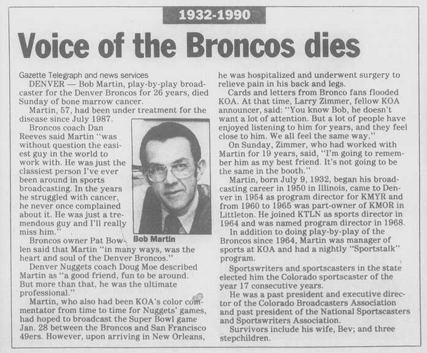 How the Gazette reported on the death of legendary Broncos broadcaster Bob Martin.