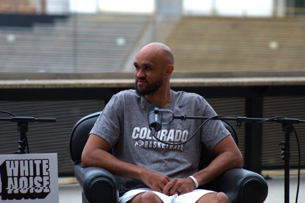 Former Colorado standout and current Boston Celtics guard Derrick White tapes an episode of "White Noise Podcast" after being introduced as the Buffaloes' first President of Basketball Strategy on Wednesday, June 24, 2026 in Boulder. (Tyler King, The Denver Gazette)