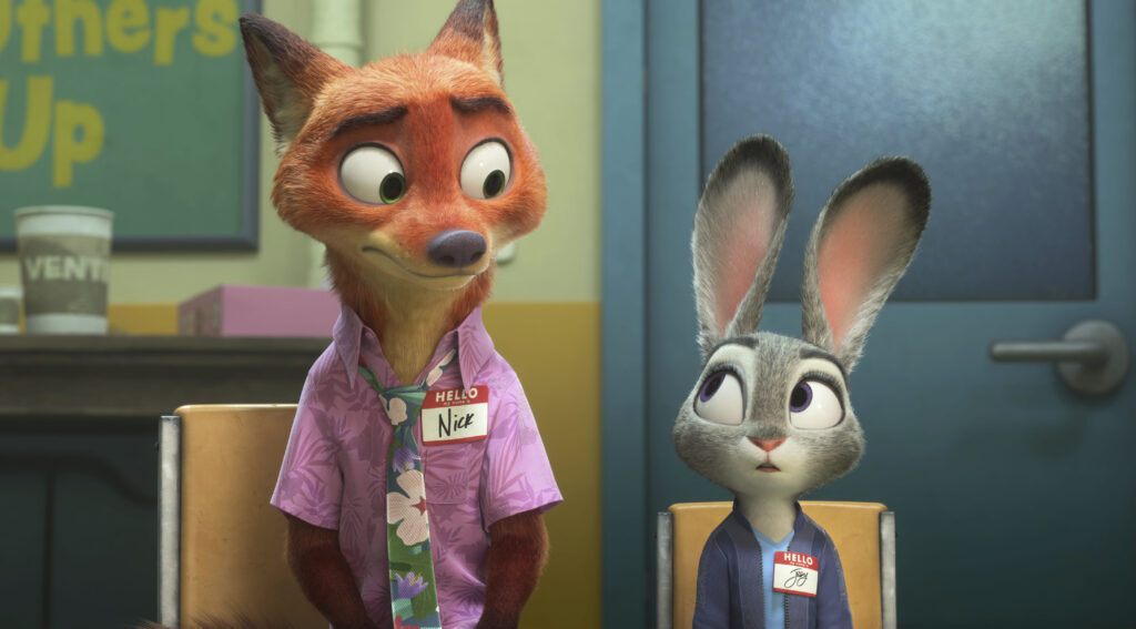 This image released by Disney shows Nick Wilde, voiced by Jason Bateman, left, and Judy Hopps, voiced by Ginnifer Goodwin, in a scene from "Zootopia 2." The blockbuster film is playing in parks and bars all over Colorado this summer. (Disney via AP)