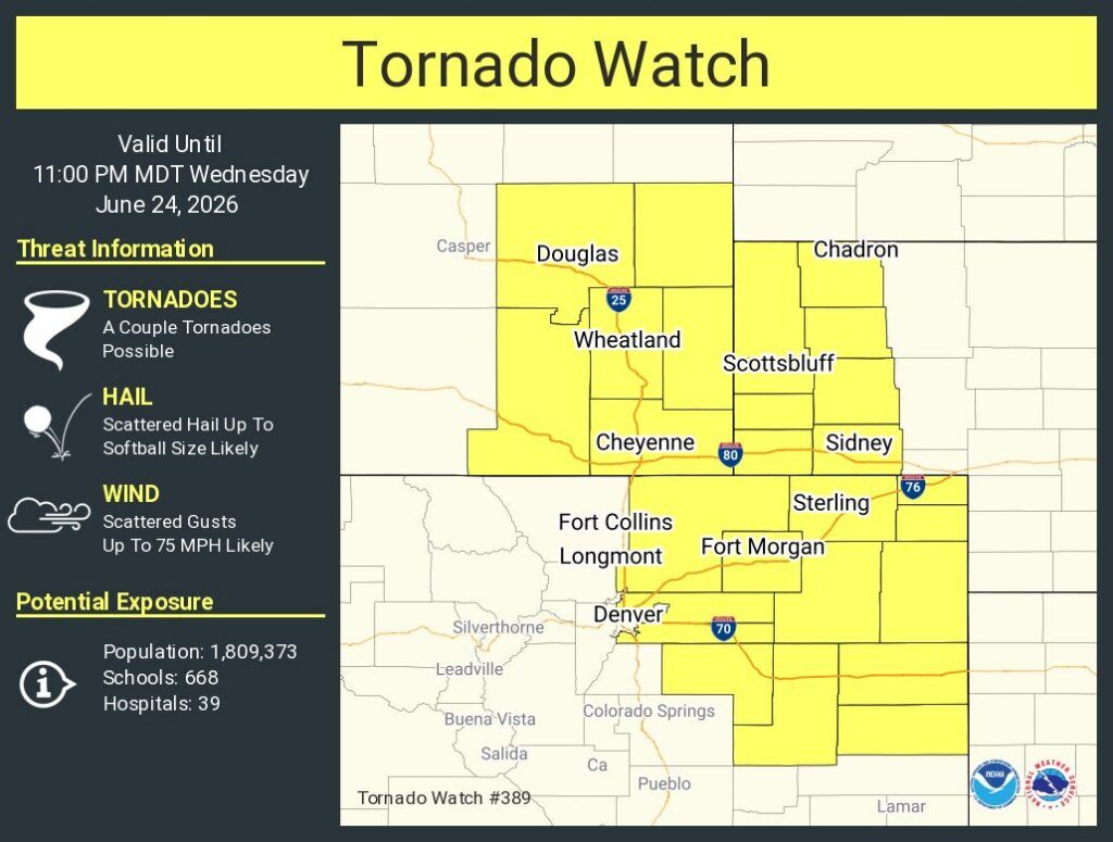 A map showing the counties under a tornado watch