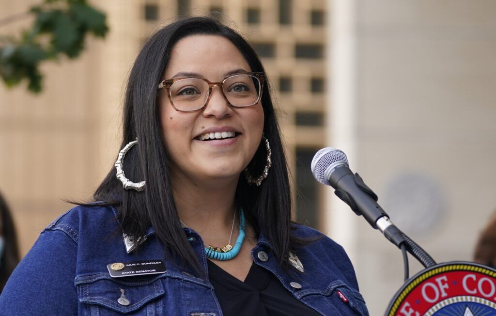 Colorado State Sen. Julie Gonzales, D-Denver, speaks during a news conference on Oct. 15, 2020, in Denver. (AP Photo/David Zalubowski, File)