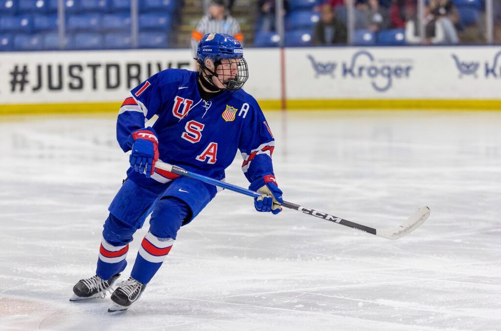 Incoming Denver hockey freshman Mikey Berchild competes in a game with the U.S. National Team Development Program. (Courtesy USA Hockey via DU Athletics)