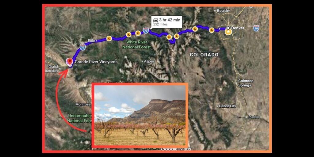 Google maps image of route from Denver to Palisade and photo of Palisade peaches.