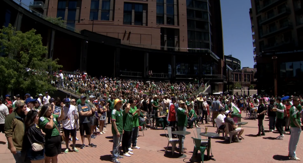 Mexico fans gather at McGregor Square for the opening World Cup game on Thursday, June 11, 2026. (9News)