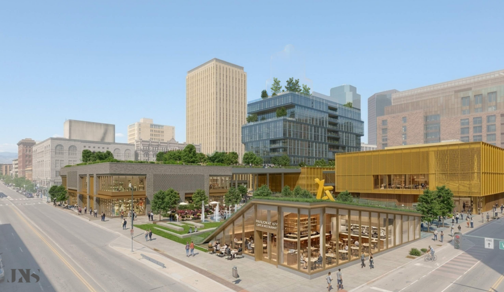 Rendering of a plan to turn the Denver Pavilions site into a mixed-use, residential and cultural gathering space. (Courtesy photo, JNS Architecture and Interior Design)