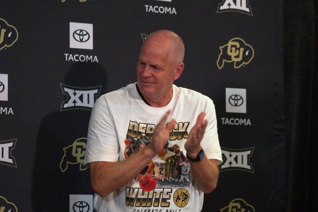Colorado coach Tad Boyle claps during a press conference to introduce Derrick white as the Buffaloes' first President of Basketball Strategy on Wednesday, June 24, 2026 in Boulder. (Tyler King, The Denver Gazette)