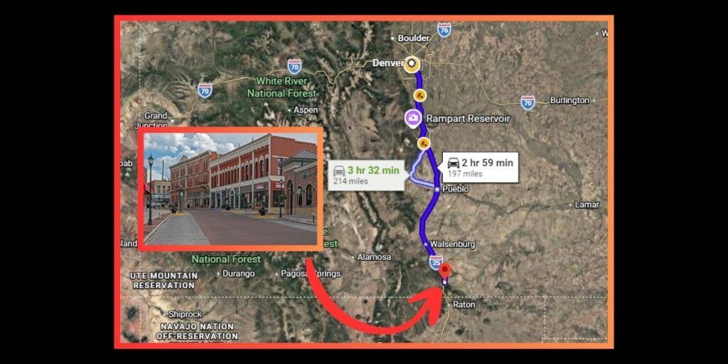 A google maps image of the route from Denver to Trinidad and image of downtown Trinidad.