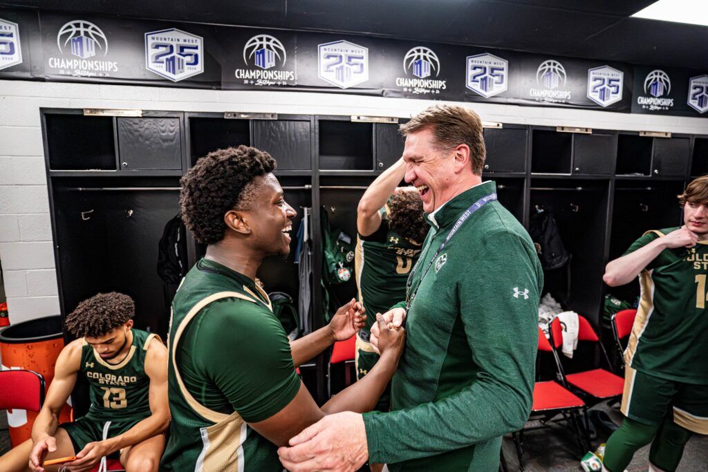 Colorado State athletic director John Weber celebrates with Isaiah Stevens after a win at the 2024 Mountain West men's basketball tournament in Las Vegas. (Courtesy of CSU Athletics)