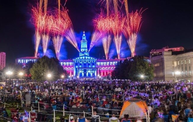 Fireworks fill the sky at a previous Independence Eve celebration at Civic Center Park in Denver