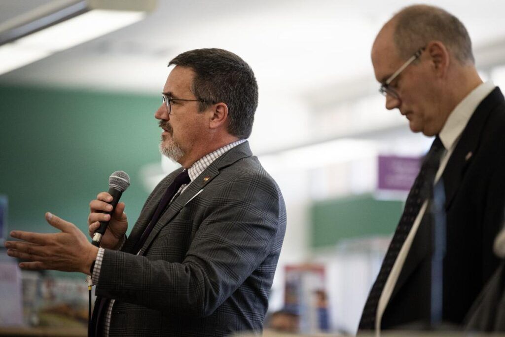 Colorado Court of Appeals Judge Ted C. Tow III answers student questions in a Q&A after hearing two Colorado Court of Appeals cases being held in the library of Conifer Senior High School as part of the Courts in the Community educational outreach program on Tuesday, May 16, 2023, in Conifer, Colo. (Timothy Hurst/Denver Gazette)