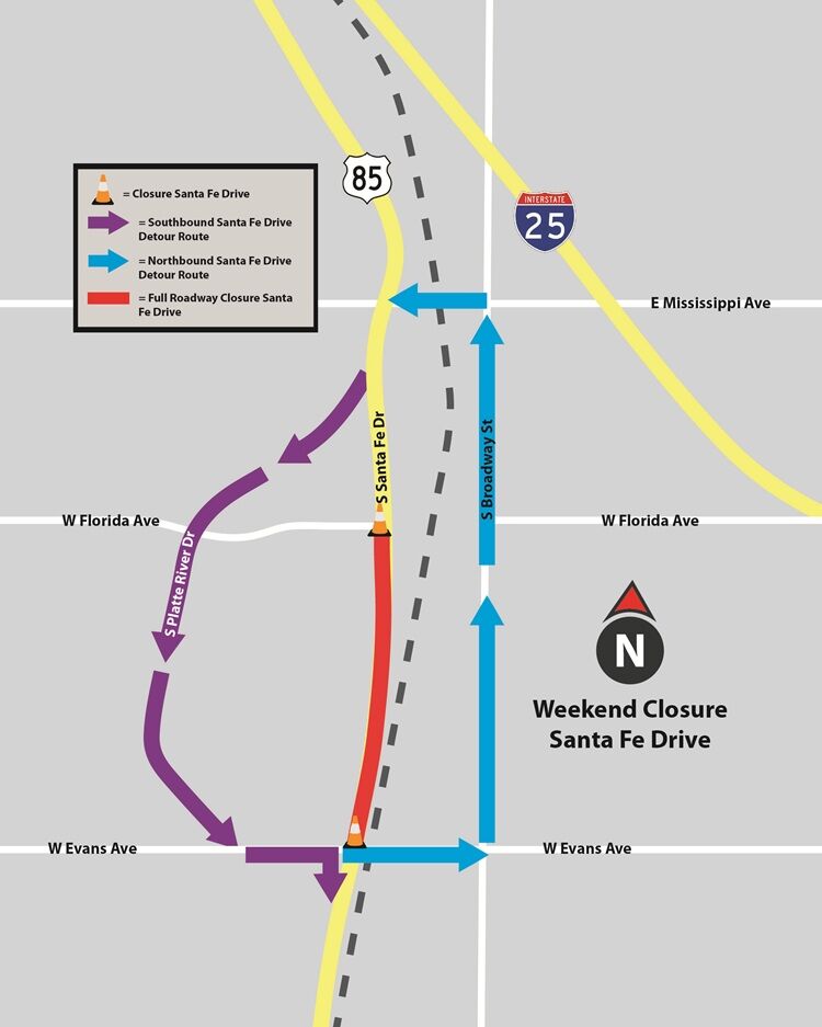 a map showing a road closure along santa fe drive