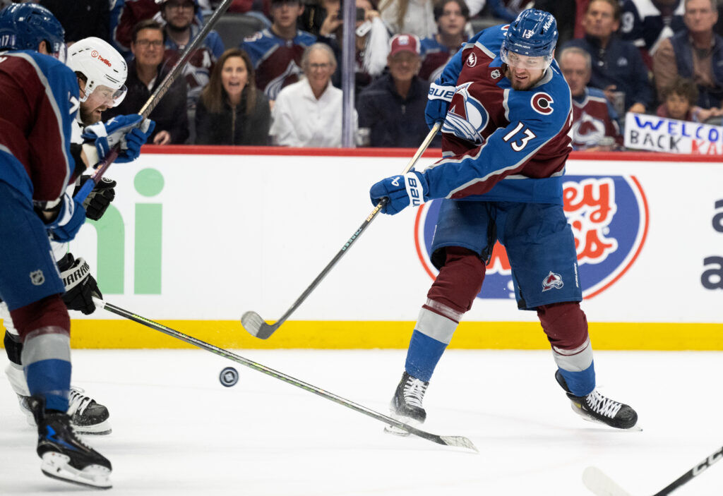 Colorado Avalanche right wing Valeri Nichushkin (13) takes a shot on goal during the third period of Game 1 against the Los Angeles Kings Sunday, April 19, 2026, at Ball Arena in Denver. (The Gazette, Christian Murdock)