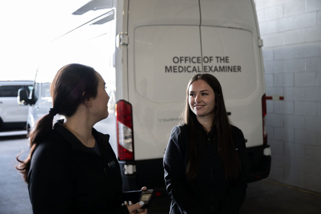 Hanah Shimeall, left, and Sarah Buck, medicolegal death investigators with the Denver Medical Examiner’s office, lead a tour through the facilities on Thursday, May 21, 2026.