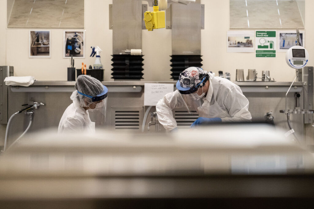 Forensic Pathologists perform an autopsy at the Denver Medical Examiner’s office on Thursday, May 21, 2026.