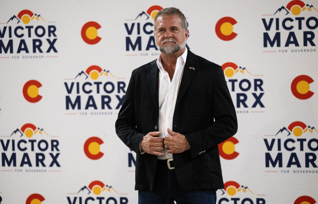 GOP Governor candidate Victor Marx prepares to speak to the media Tuesday, June 30, 2026, during a Colorado Primary Election watch party at Spruce Mountain Ranch in Larkspur, Colo. (The Gazette, Christian Murdock)