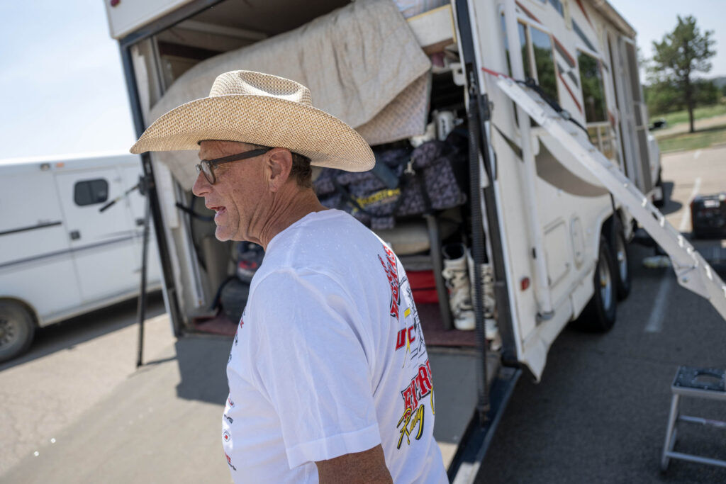 Rusty Cates prepares to leave Hollydot Golf Course after spending the night in the parking lot due to road closures from the Aspen Acres Fire near Colorado City on Thursday, July 2, 2026. (The Gazette, Michael G. Seamans)