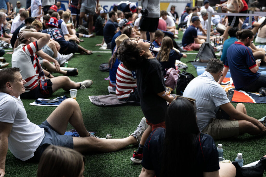 Fans cheer on Team USA during a watch party for the USA vs Bosnia-Herzegovina match at Skyline Park on Wednesday, July 1, 2026.