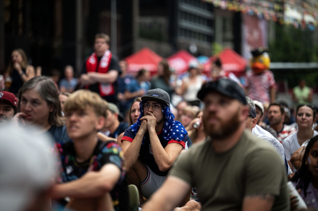 Fans cheer on Team USA during a watch party for the USA vs Bosnia-Herzegovina match at Skyline Park on Wednesday, July 1, 2026.