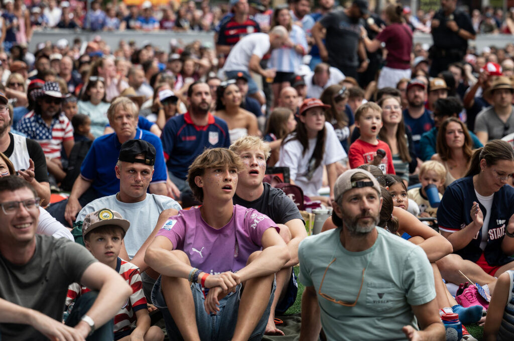 Fans cheer on Team USA during a watch party for the USA vs Bosnia-Herzegovina match at Skyline Park on Wednesday, July 1, 2026.