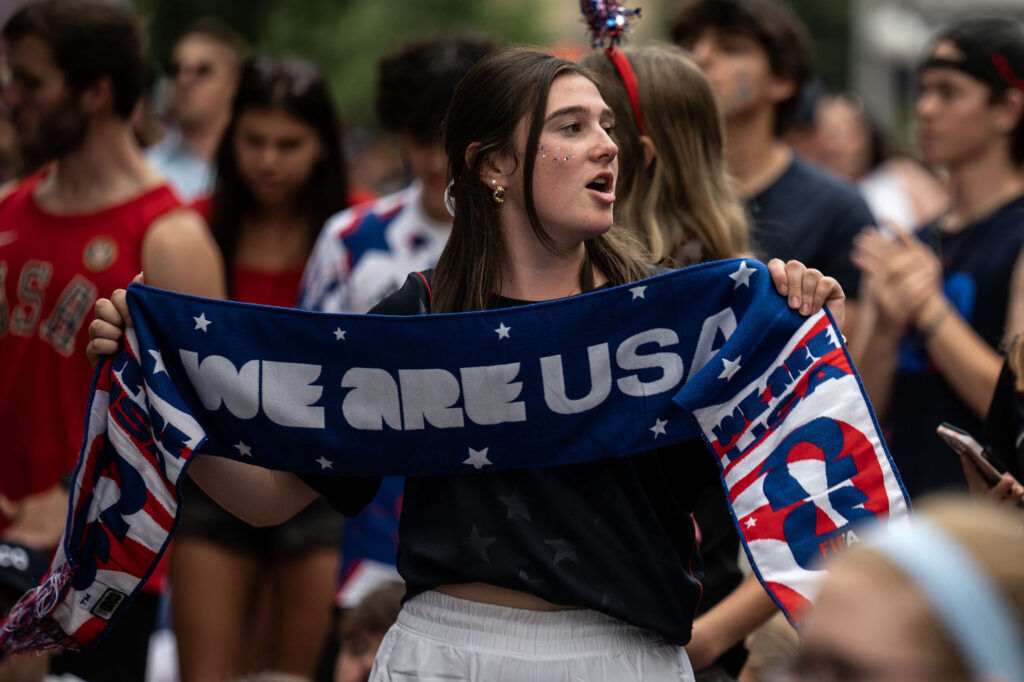 Fans cheer on Team USA during a watch party for the USA vs Bosnia-Herzegovina match at Skyline Park on Wednesday, July 1, 2026.