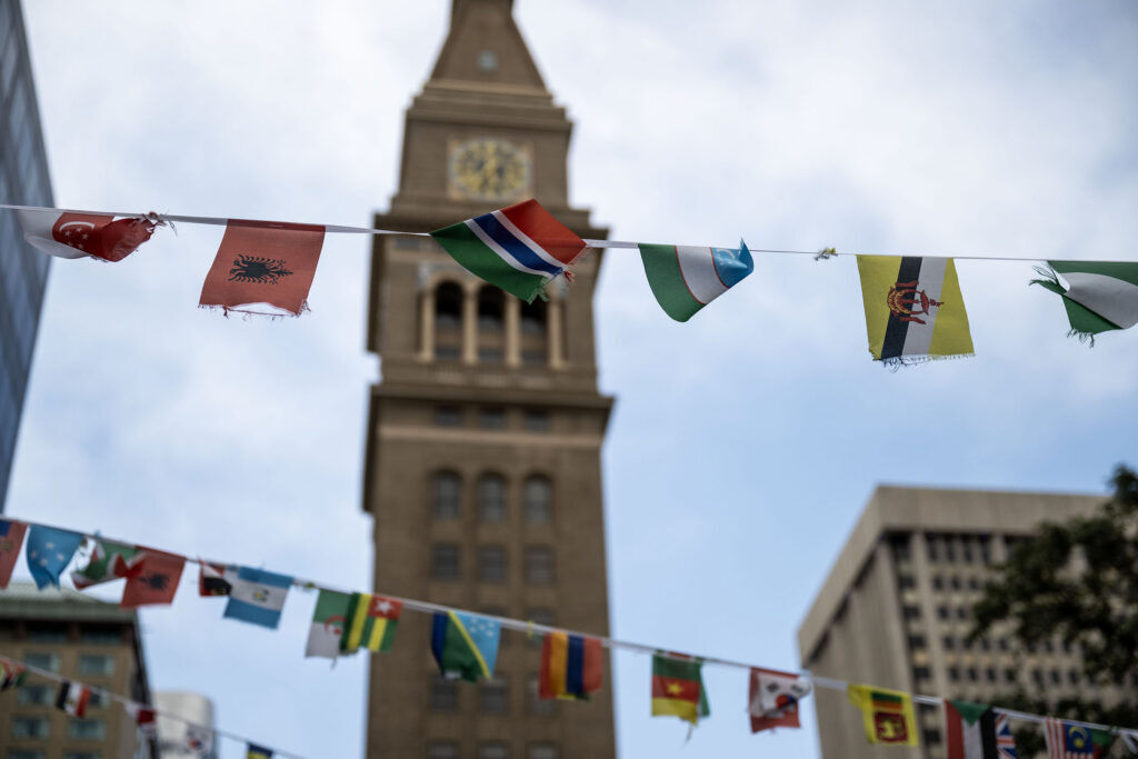 Flags on the participating countries in the world cup fly over Skyline Park during a watch party for the USA vs Bosnia-Herzegovina game on Wednesday, July 1, 2026.