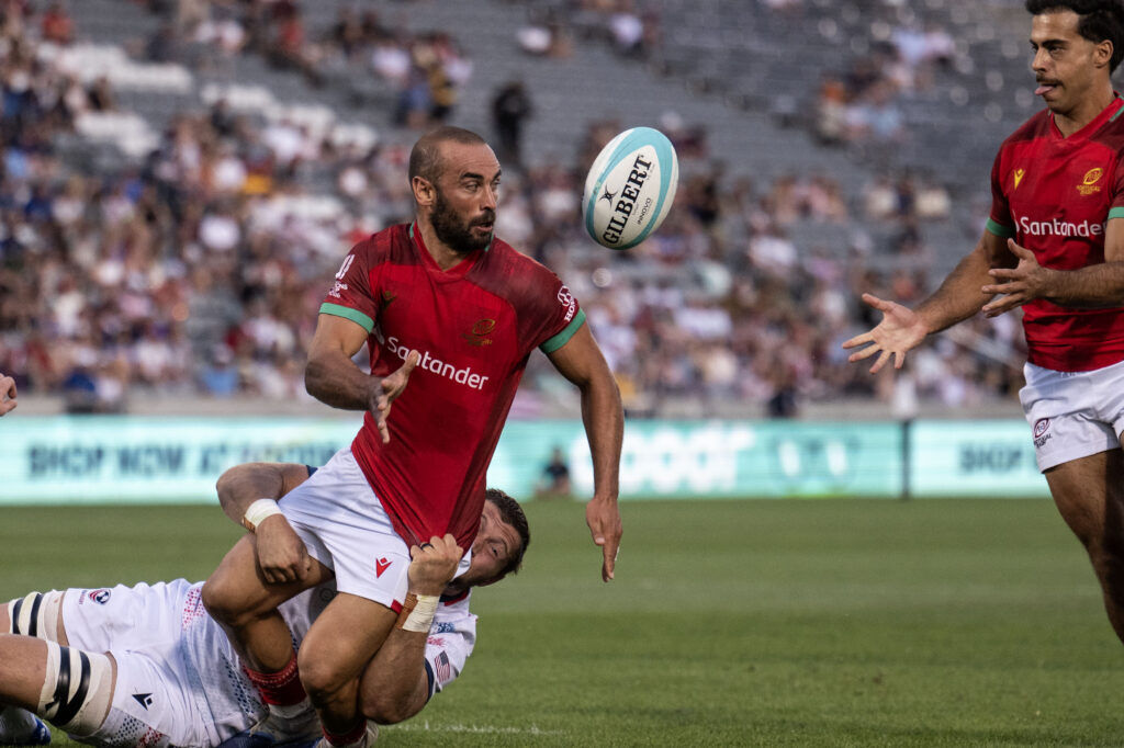Portugal Scrum Half Samuel Marques throws the ball to Portugal Winger Manuel Cardoso Pinto during the first half of the USA vs Portugal game at the Rugby World Nations Cup at Dicks Sporting Goods Park on Saturday, July 4, 2026. USA won the match 30-29.