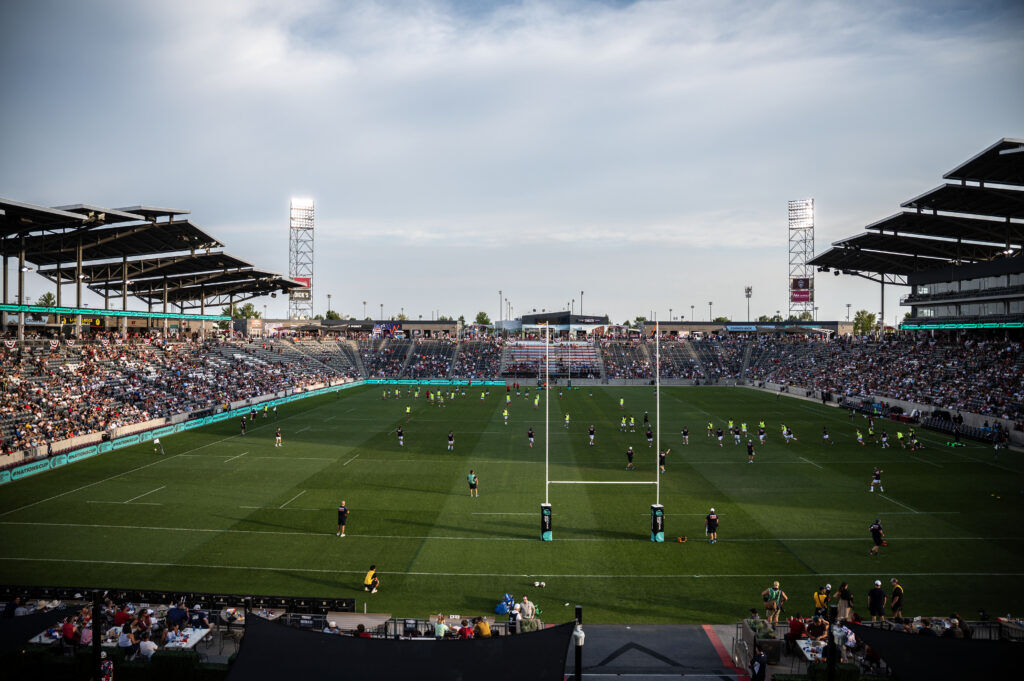 USA and Portugal warm up before the start of the USA vs Portugal game at the Rugby World Nations Cup at Dicks Sporting Goods Park on Saturday, July 4, 2026. USA won the match 30-29.