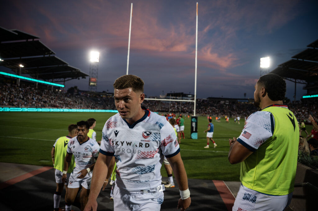 Players head to the locker room at half time during the USA vs Portugal game at the Rugby World Nations Cup at Dicks Sporting Goods Park on Saturday, July 4, 2026. USA won the match 30-29.