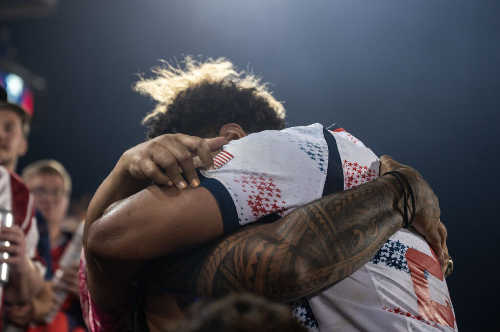 USA Substitute Nafi Ma’afu hugs his family after playing in his first international match following the USA vs Portugal game at the Rugby World Nations Cup at Dicks Sporting Goods Park on Saturday, July 4, 2026. USA won the match 30-29.