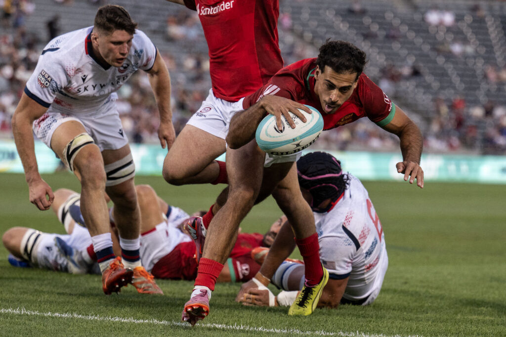 Portugal Winger Manuel Cardoso Pinto dives into the try zone for Portugal’s third try of the half during the USA vs Portugal game at the Rugby World Nations Cup at Dicks Sporting Goods Park on Saturday, July 4, 2026. USA won the match 30-29.