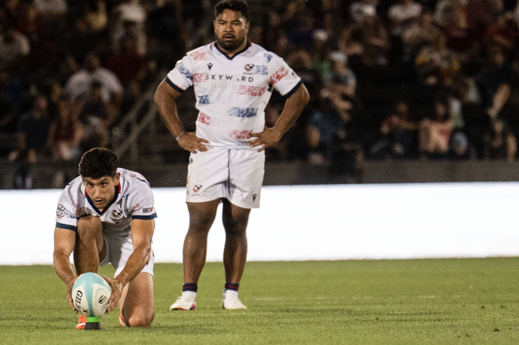 USA Fly Half Christopher Hilsenbeck lines up a kick at goal after the USA was awarded a penalty during the USA vs Portugal game at the Rugby World Nations Cup at Dicks Sporting Goods Park on Saturday, July 4, 2026. USA won the match 30-29.