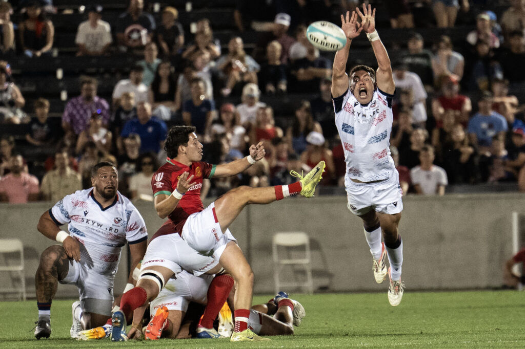 USA Scrum Half Ruben de Haas tries to block a box kick during the USA vs Portugal game at the Rugby World Nations Cup at Dicks Sporting Goods Park on Saturday, July 4, 2026.