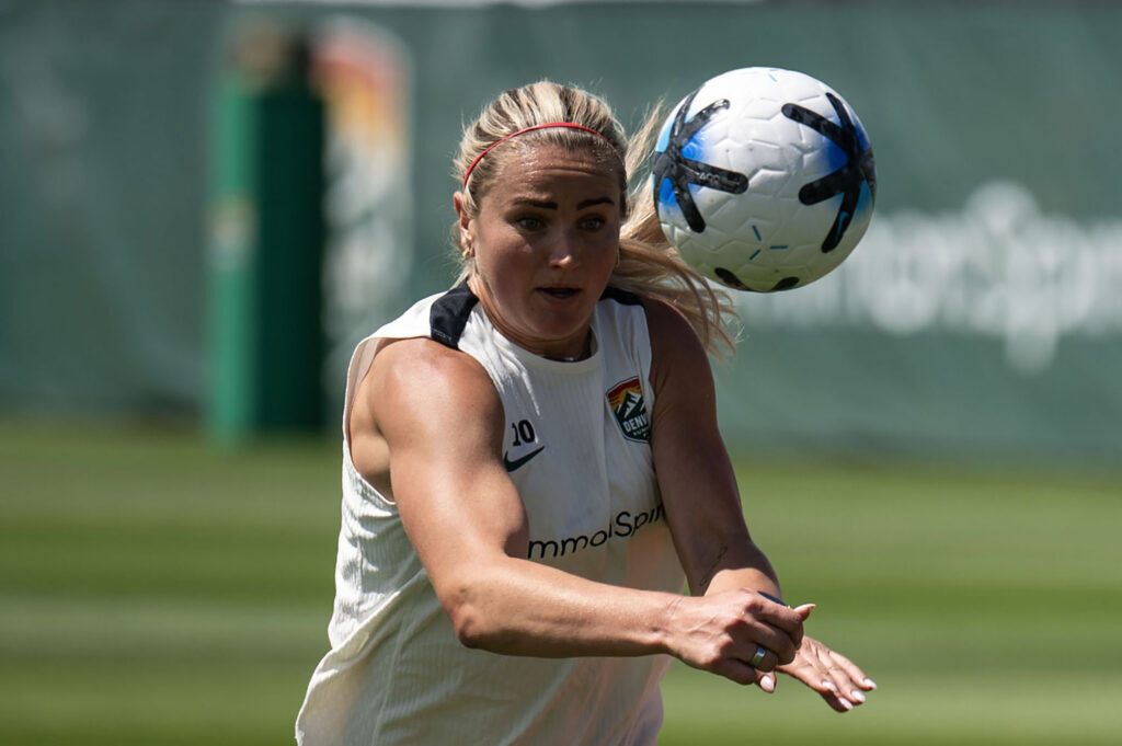 Lindsey Heaps runs drills on her third day of practice with Summit FC in Centennial on Wednesday, July 8, 2026.