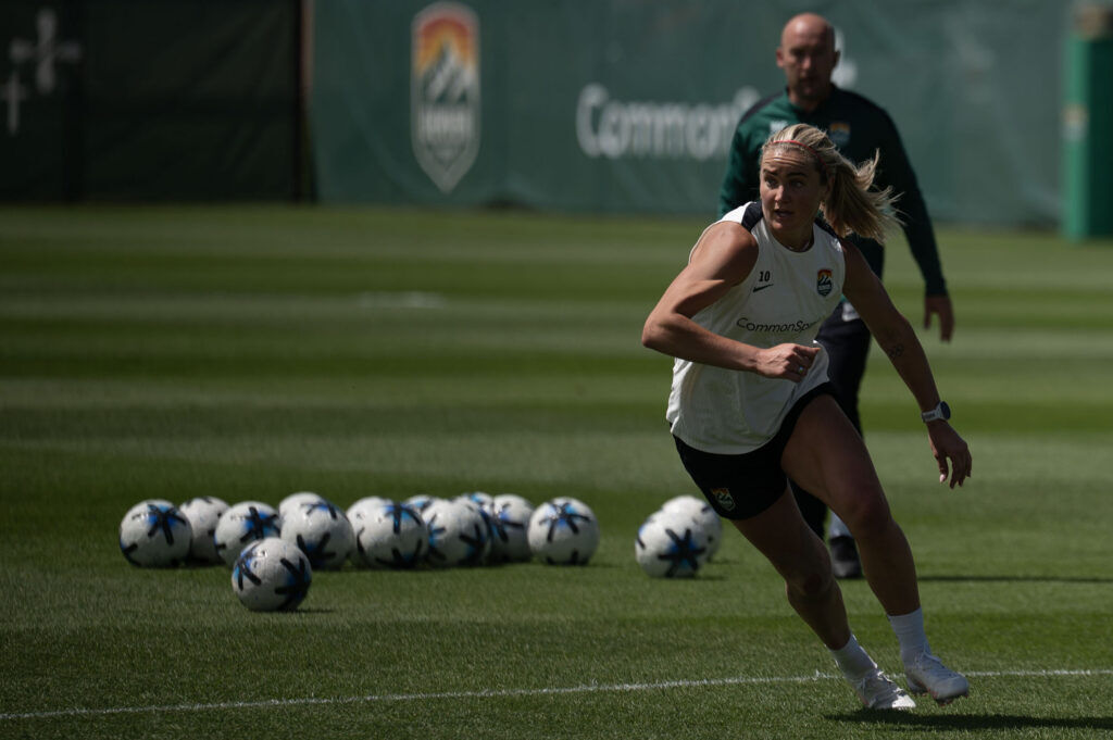 Lindsey Heaps runs drills on her third day of practice with Summit FC in Centennial on Wednesday, July 8, 2026.