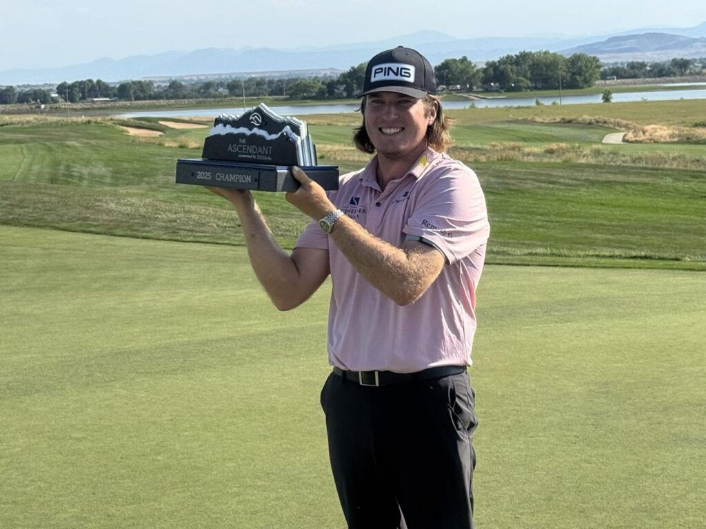 Neal Shipley holds up the trophy on Sunday, July 14, 2023, after winning  The Ascendant presented by Blue at TPC Colorado in Berthoud. (Chris Schmaedeke/The Denver Gazette)
