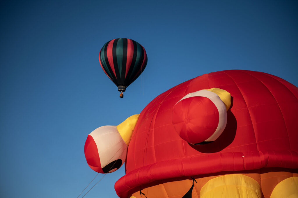 A hot air balloon floats past another balloon shaped like a crab during the Erie Balloon Festival on Saturday, July 11, 2026.